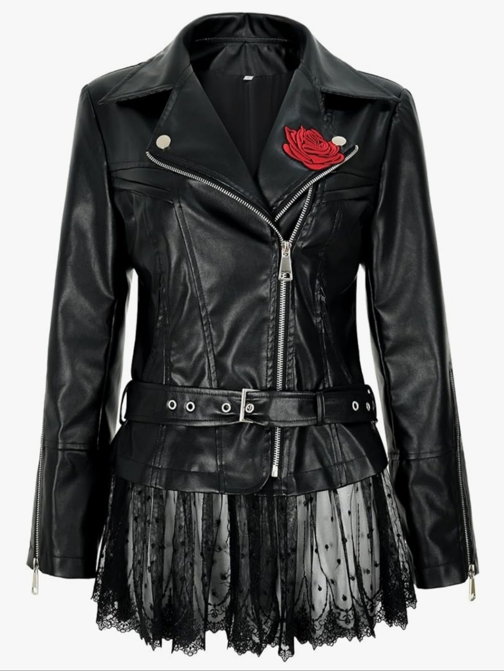 Black Faux Leather Jacket with Red Rose Accent